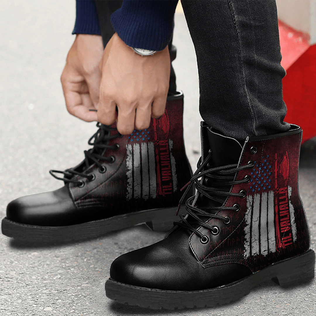 Boots Vikings Til Valhalla Patriotic Viking Us Flag Leather Boots