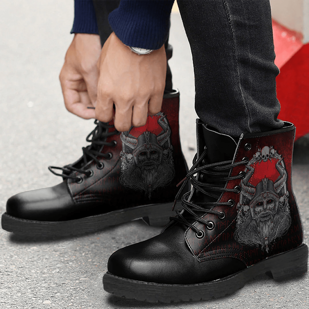 Boots Viking Warrior Head With Skull Frame And Red Eyes Leather Boots