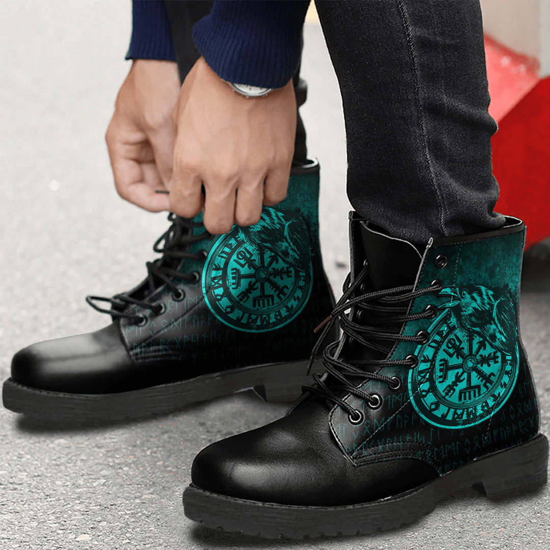 Boots Viking Vegvisir Rune With Crow Cyan Leather Boots