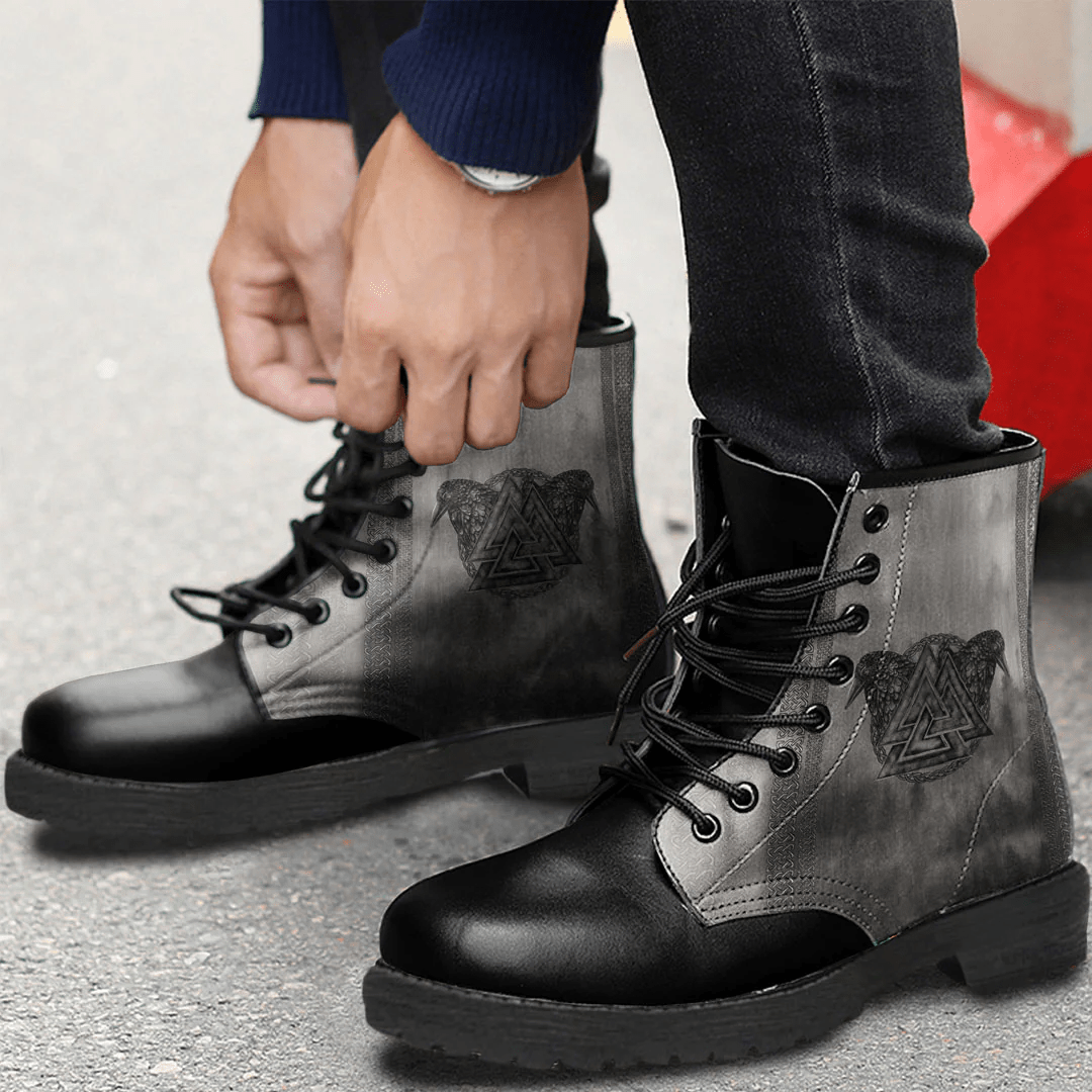 Boots Valknut Symbol And Ravens Leather Boots