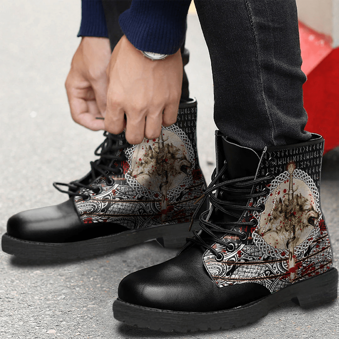 Boots Wolf And Vikings Tattoo Blood Style Leather Boots