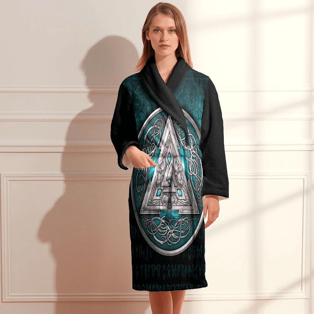 Bathrobe Norse Triskele Valknut Shield In Silver And Cyan Bath Robe