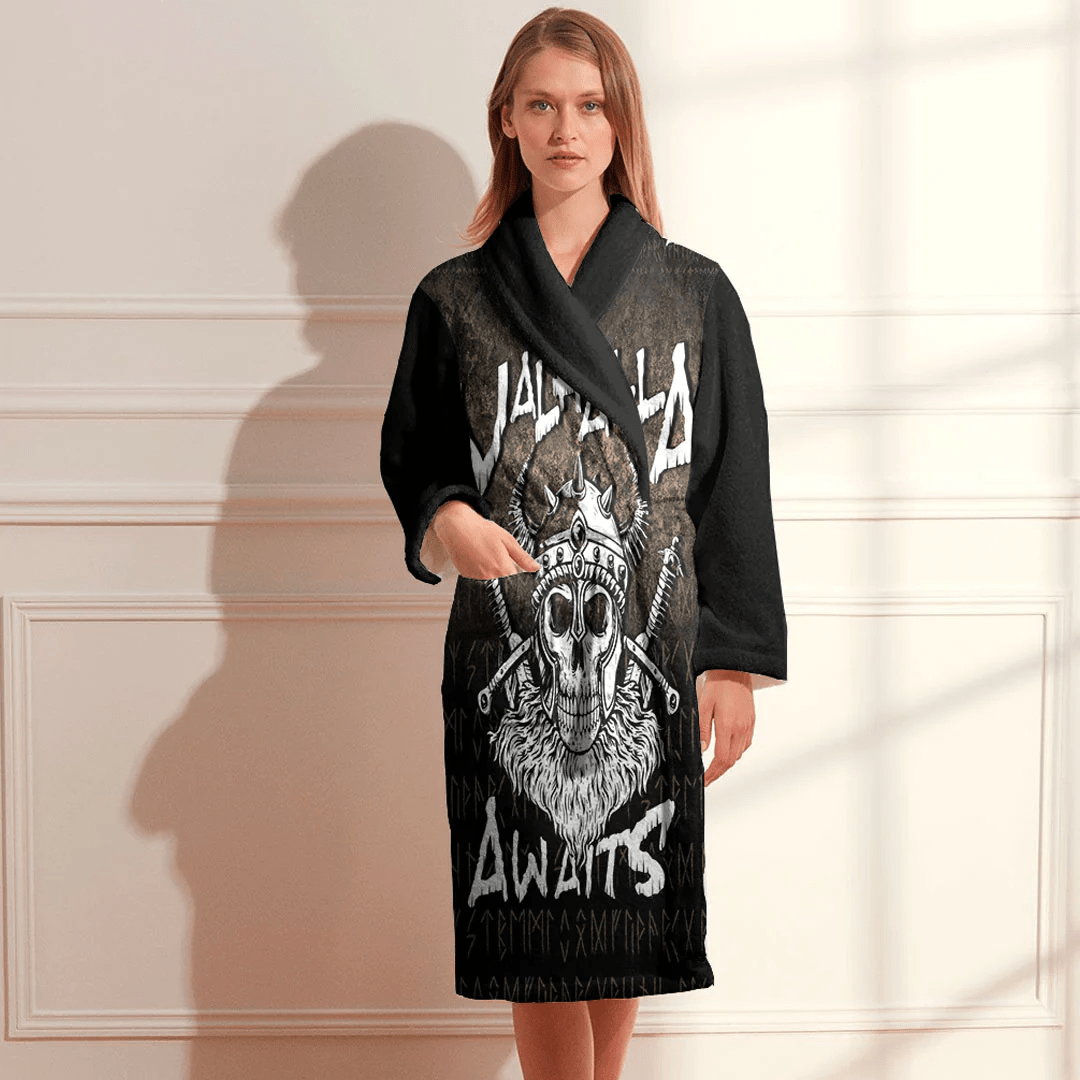 Bathrobe Valhalla Awaits Viking Skull Warrior Axe Bath Robe