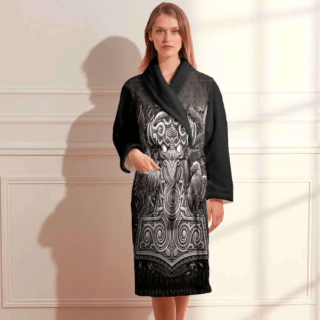 Bathrobe Thors Raven Hammer Norse Viking Pagan Mjolnir Bath Robe