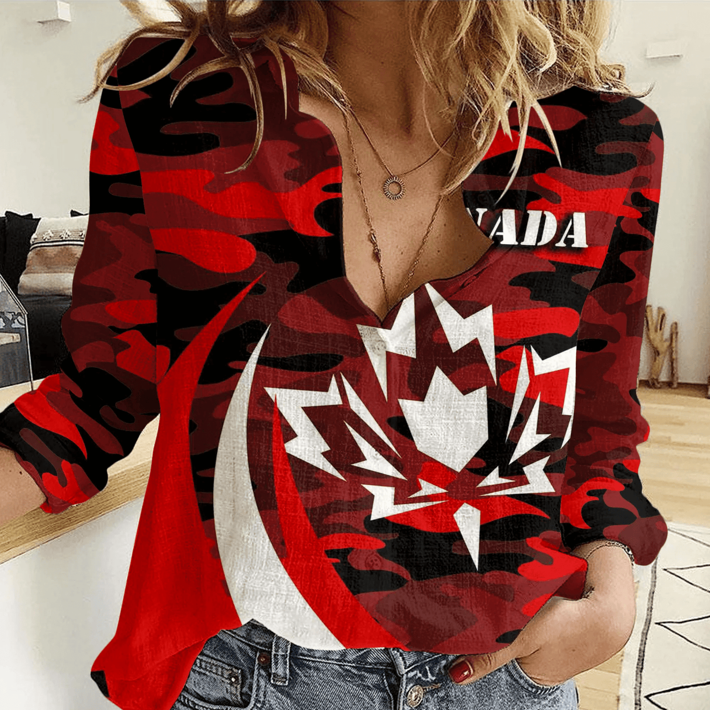 Clothing Canada Red Camo and Leaf Women Casual Shirt