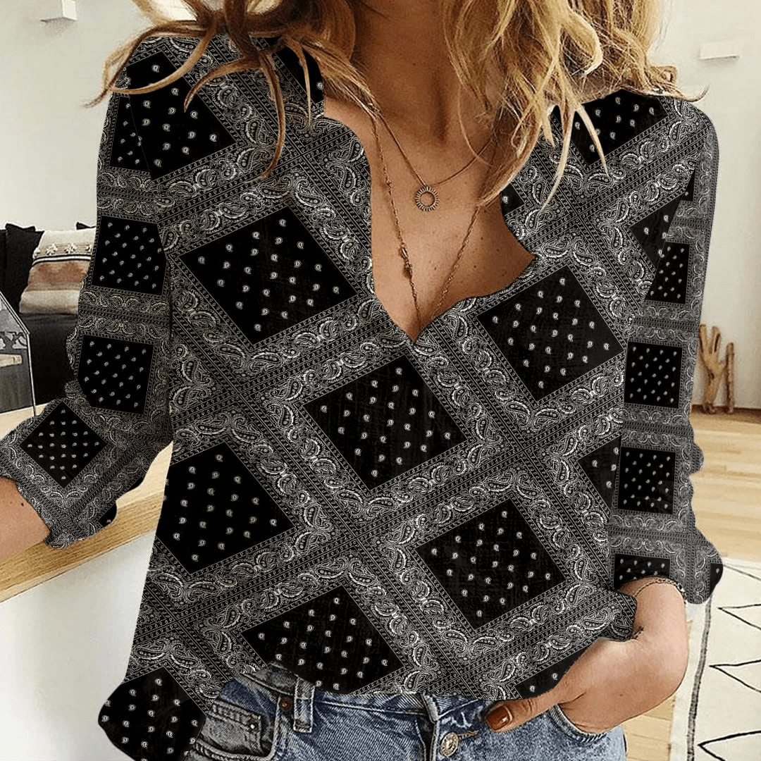 Clothing Paisley Bandana Pattern Seamless Black Paisley Women's Casual Shirt