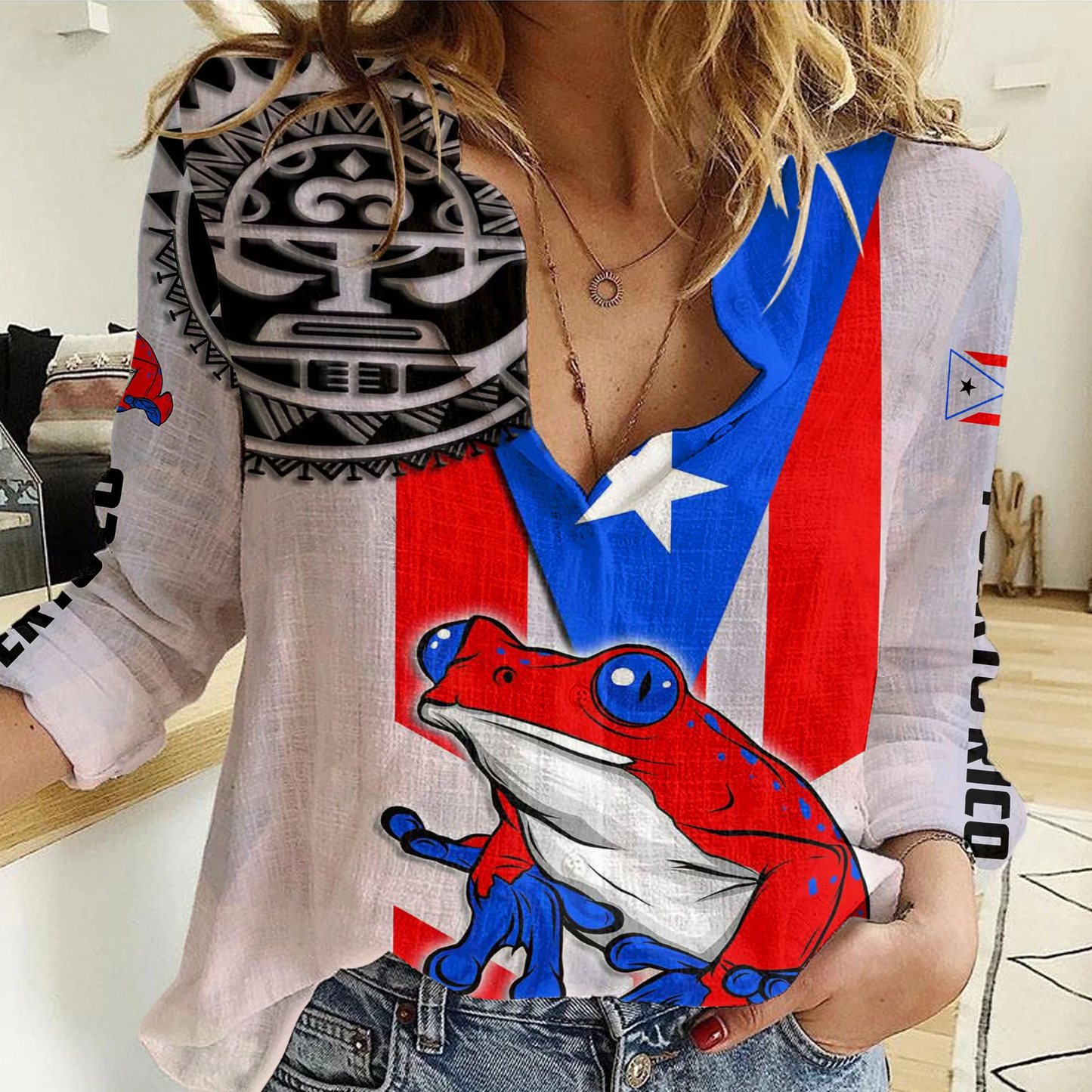 Women Casual Shirt Puerto Rico Coqui Frog and Taino Sun Style