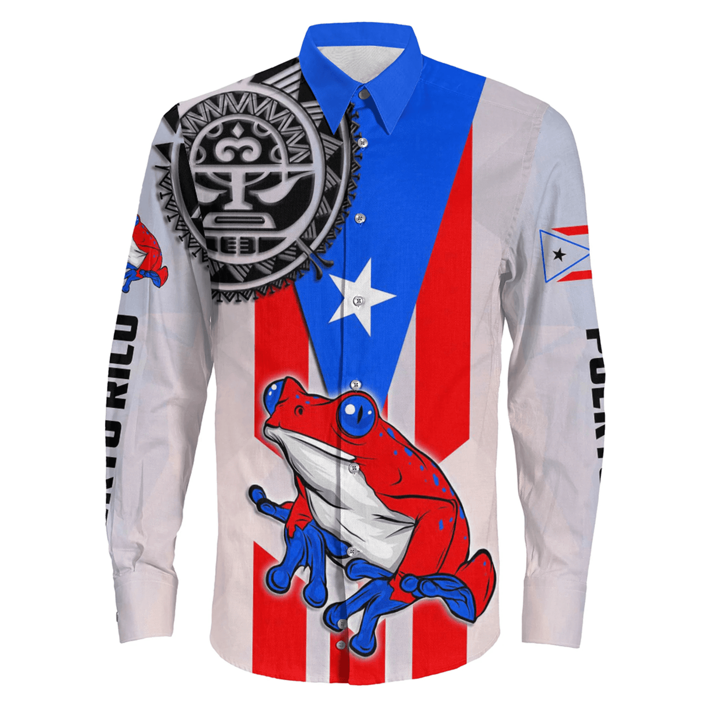 Long Sleeve Button Shirt Puerto Rico Coqui Frog And Taino Sun Style