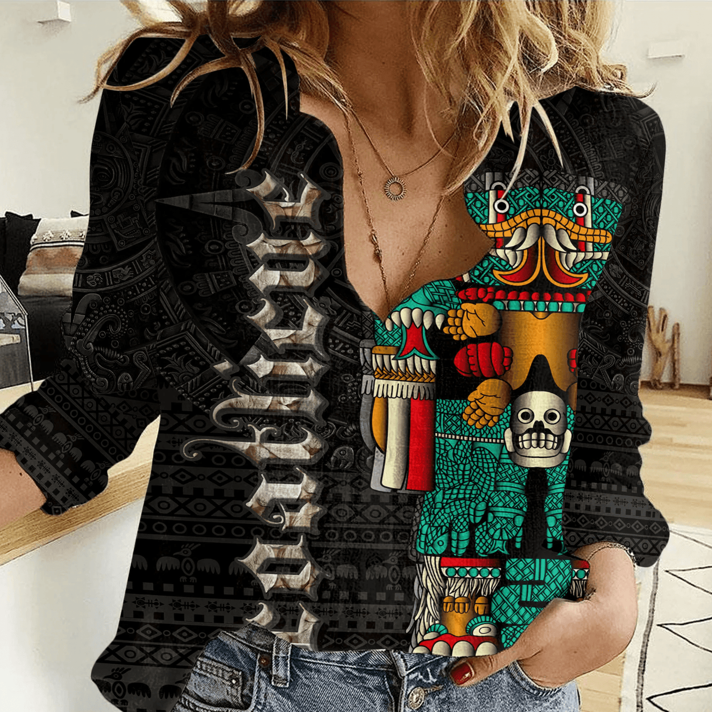Women Casual Shirt Aztec Coatlicue God Tattoo Style