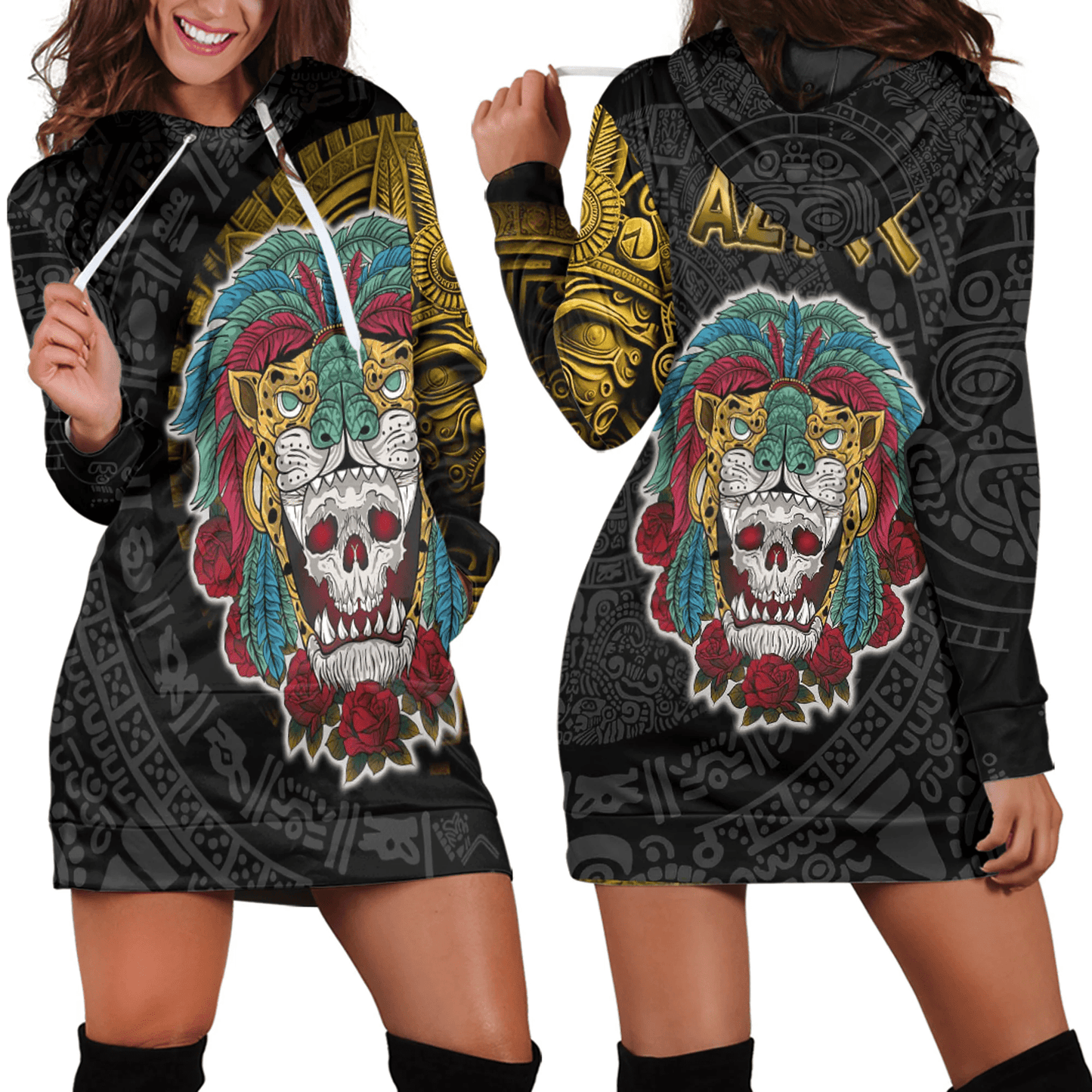 Hoodie Dress Mexico Warrior Jaguar Aztec Pattern