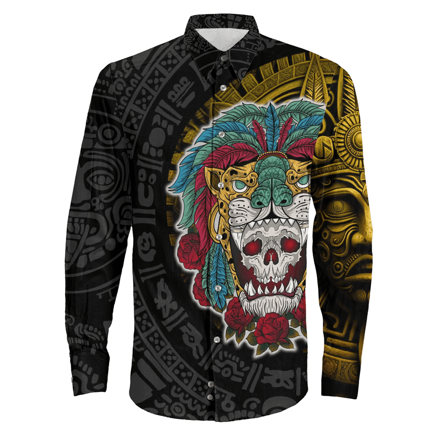Long Sleeve Button Shirt Mexico Warrior Jaguar Aztec Pattern