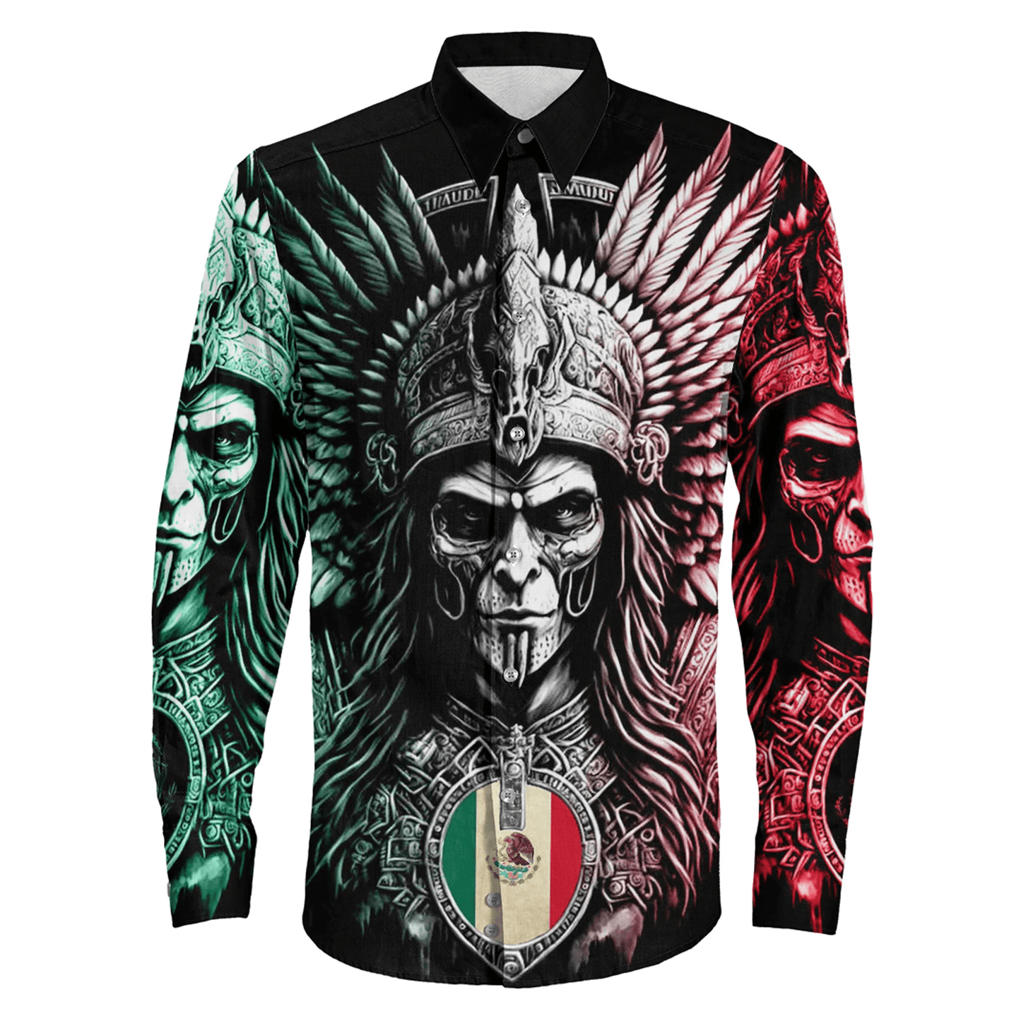 Long Sleeve Button Shirt Mexico Warrior Aztec Style