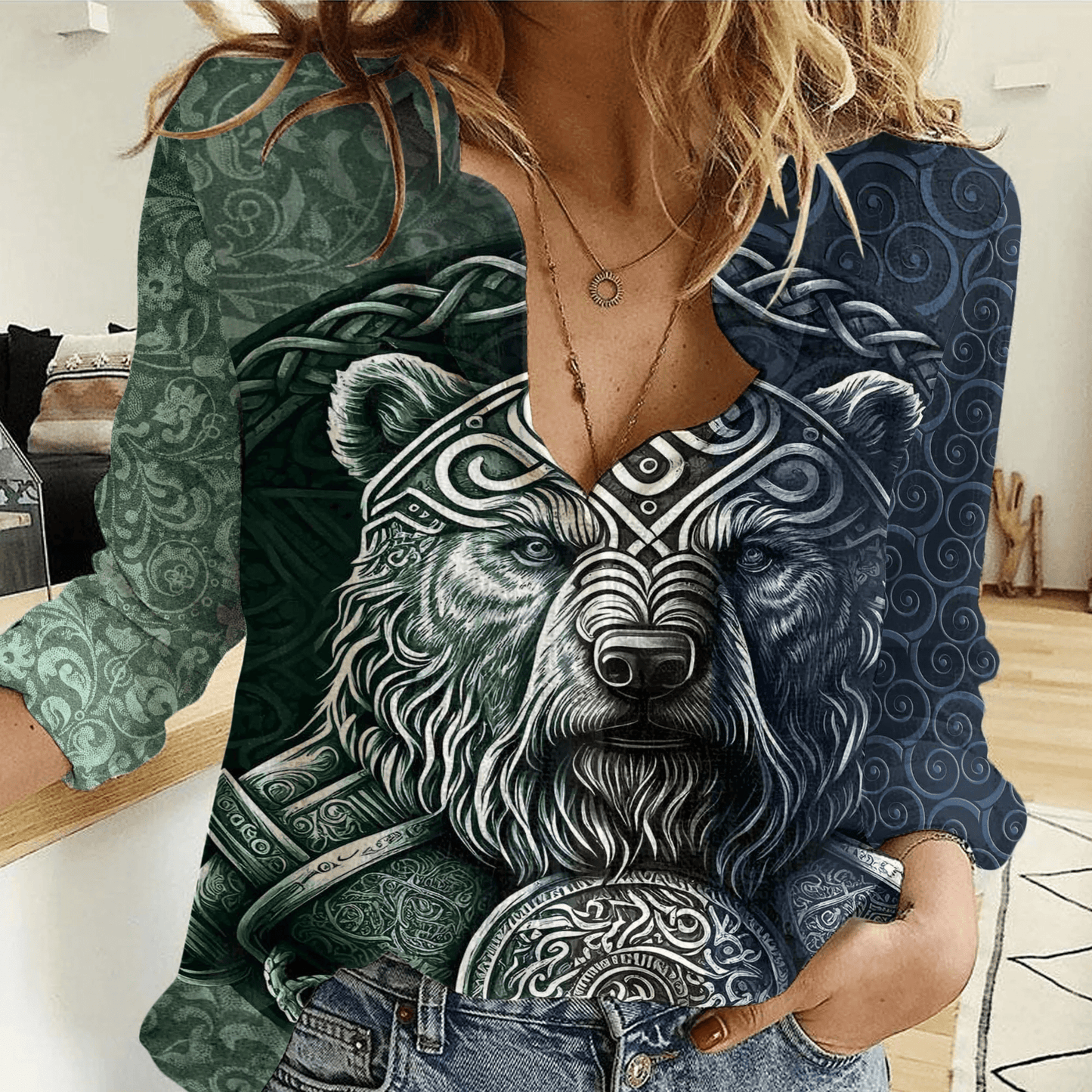 Women Casual Shirt Bear Warrior Celtic Knot Style Style