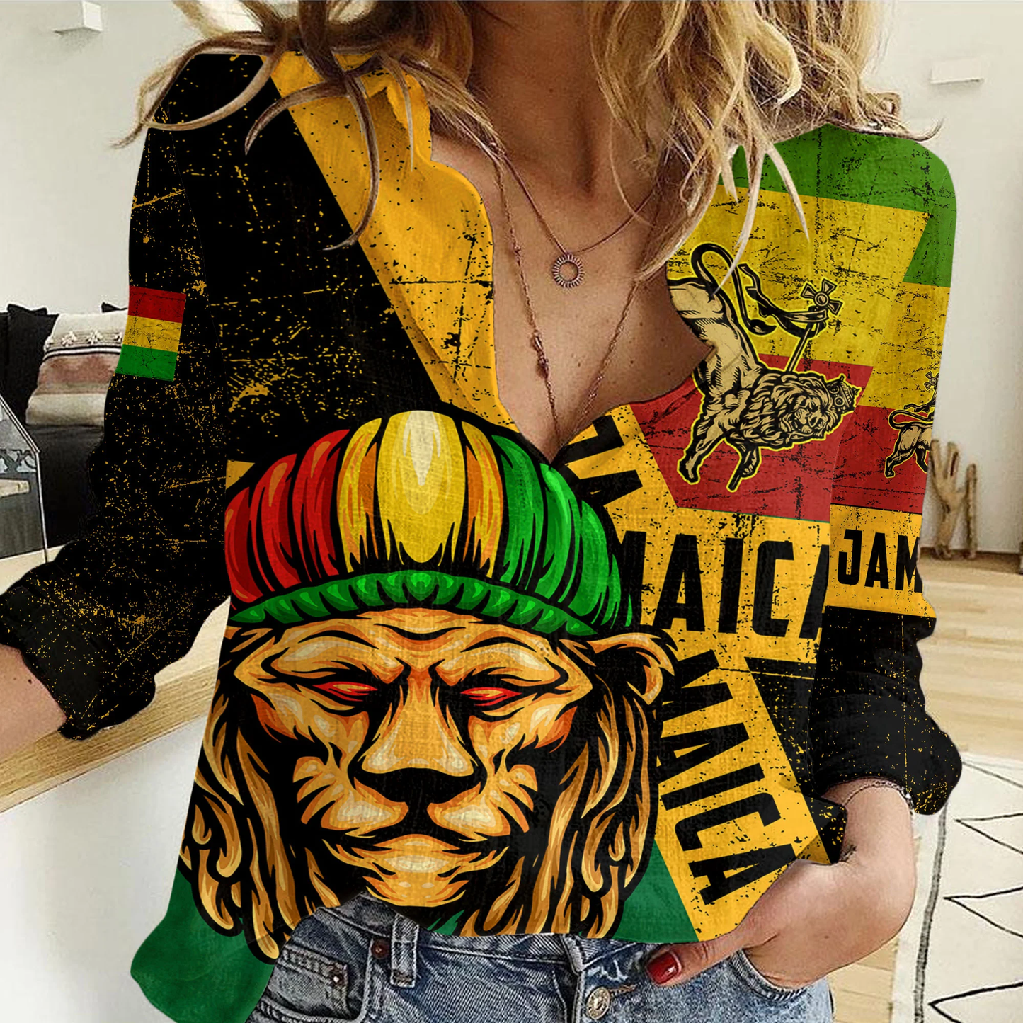 Women Casual Shirt Jamaica Lion and Judah Flag Style