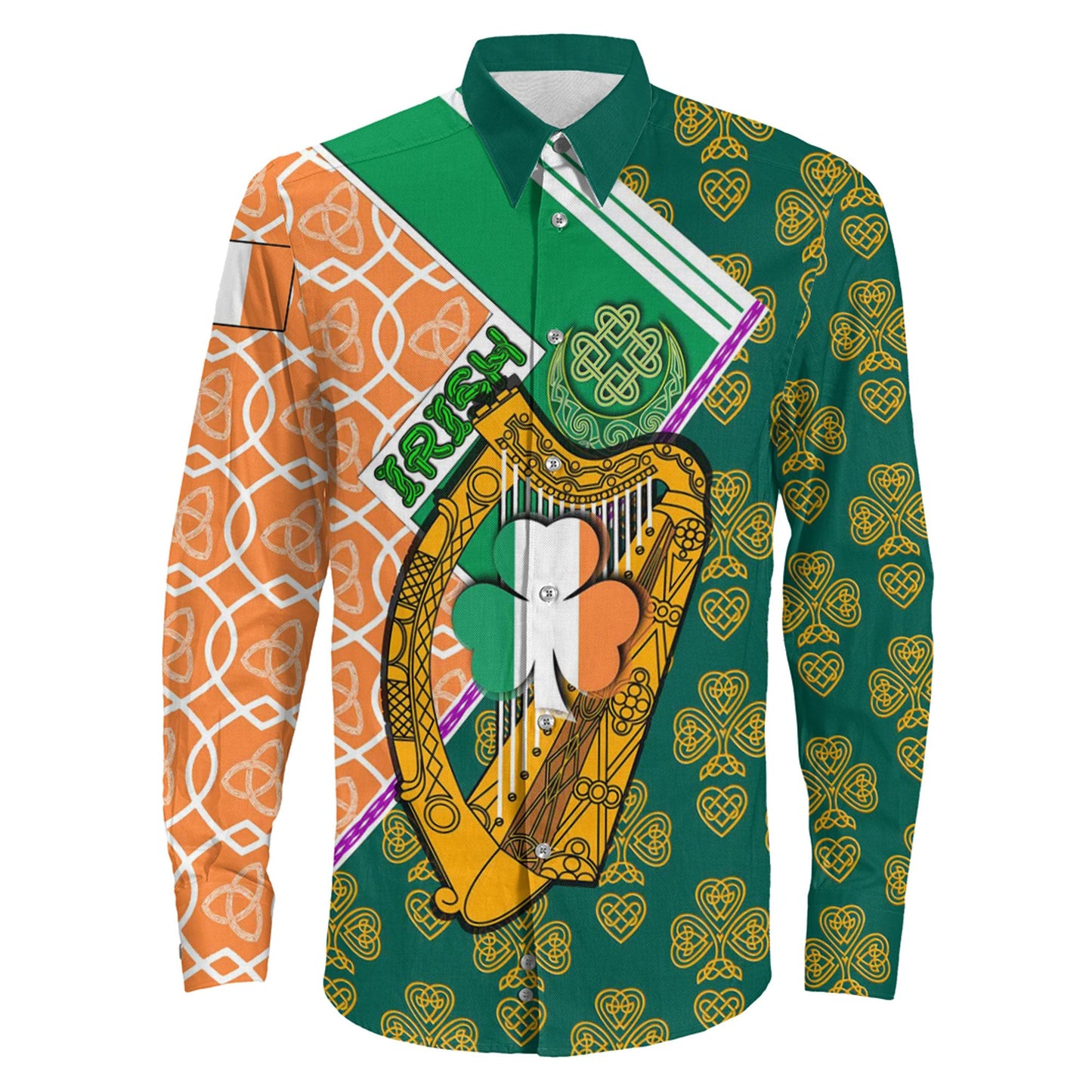 Ireland Irish Harp And Celtic Pattern Long Sleeve Button Shirt