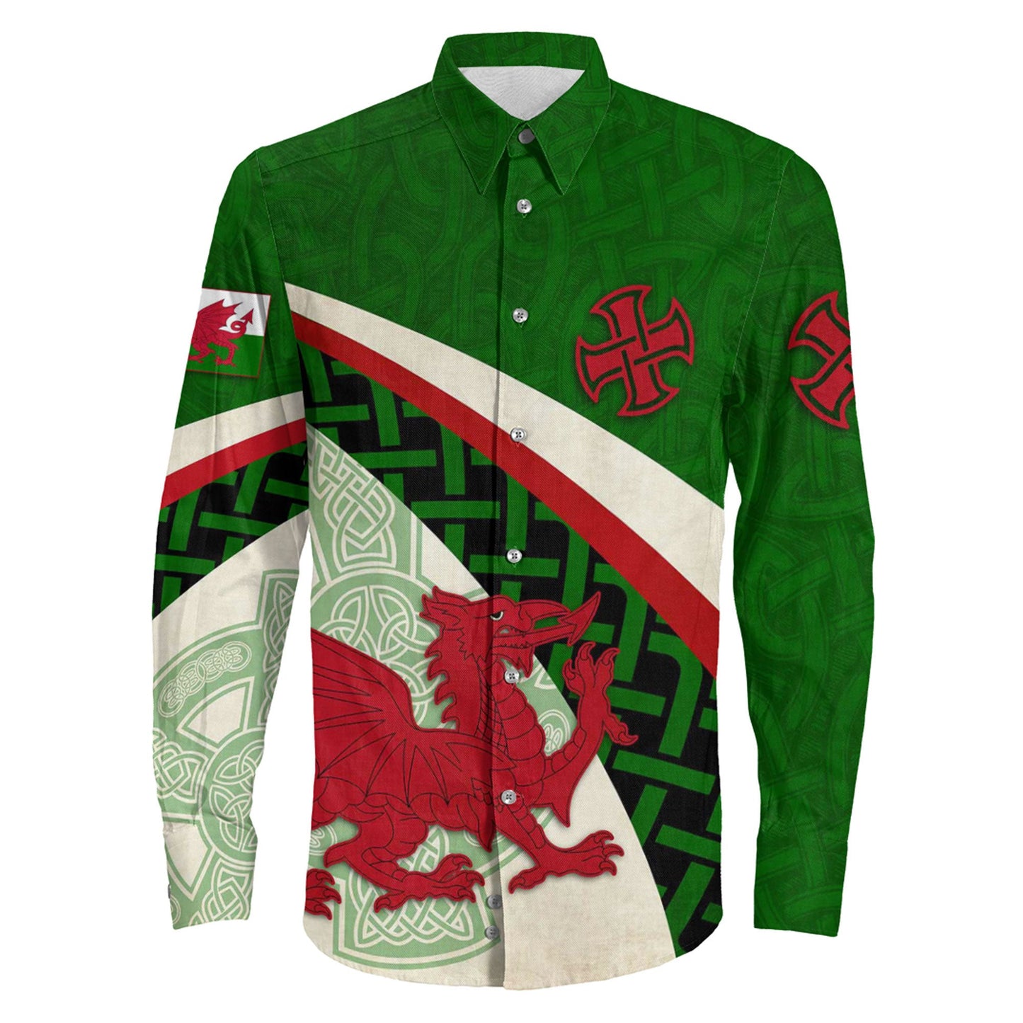Wales Dragon And Cross Celtic Style Long Sleeve Button Shirt