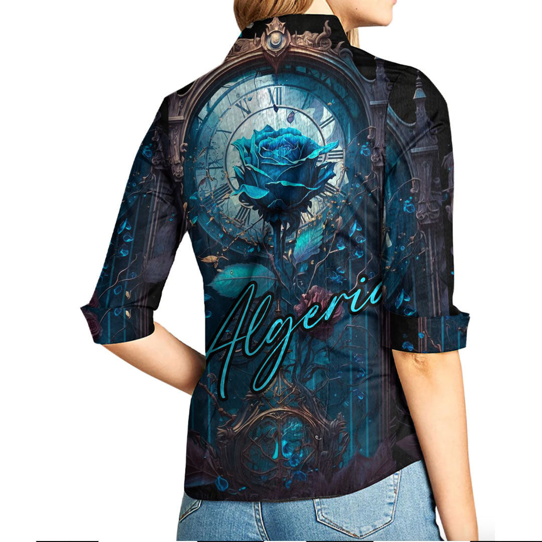 Algeria Women's Casual Shirt Harmony Blue Roses and Clock Personalized Custom
