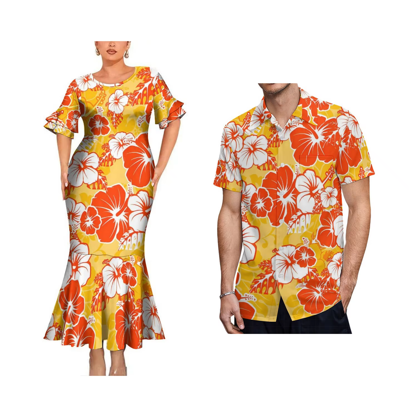 Polynesian Hibiscus Flowers Pattern Yellow Couple Matching Outfit Women Crew Neck Mermaid Dress and Shirt