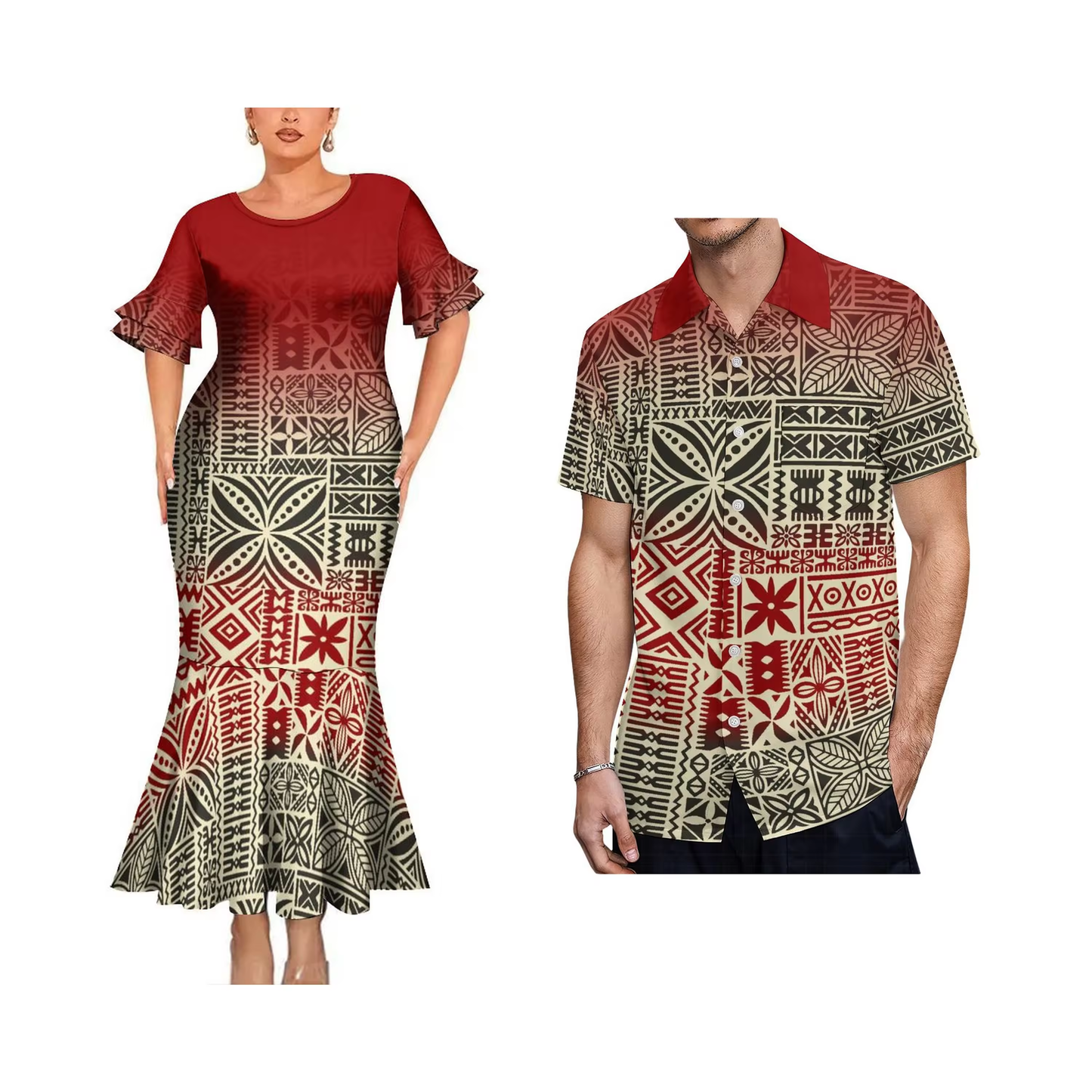 Geometric Polynesian Tribal Red Matching Outfit For Couple Bodycon Mermaid Dress and Shirt