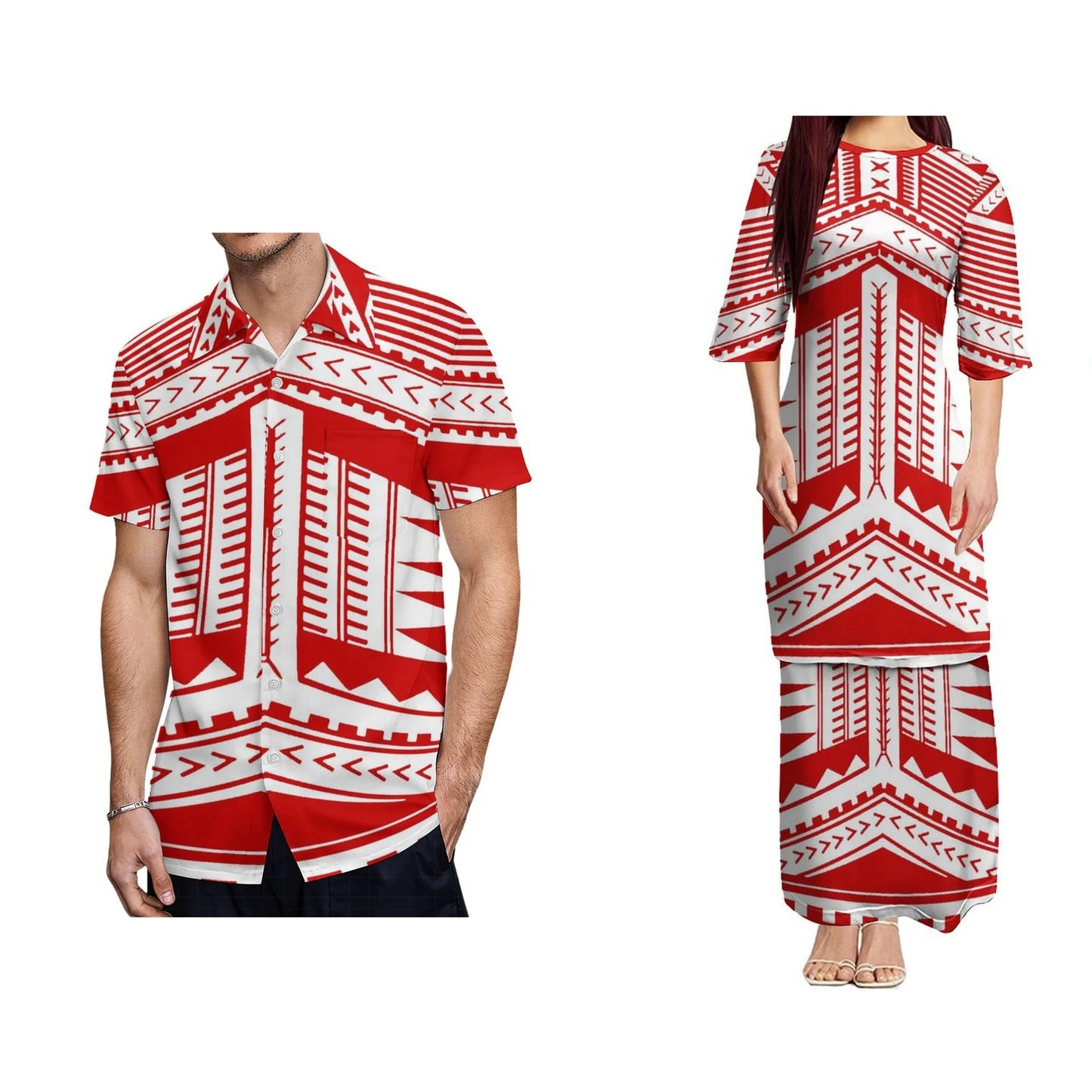 Polynesian Tribal Pattern Puletasi Dress And Hawaiian Shirt For Him Her Tropical Red White Matching Outfit For Couple
