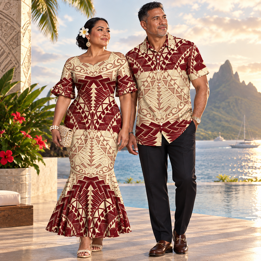 Polynesian Printed Couple Matching Outfit Polynesian Tribal Tribal Short Sleeve Mermaid Long Dress And Hawaiian Shirt Outfit Set