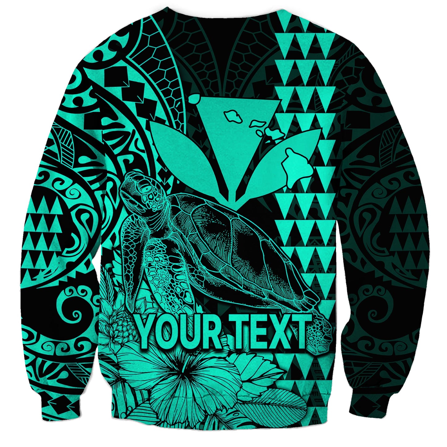 Custom Personalised Kakau Polynesian Tribal Hawaiian Turtle with Kanaka Maoli Turquoise Sweatshirt