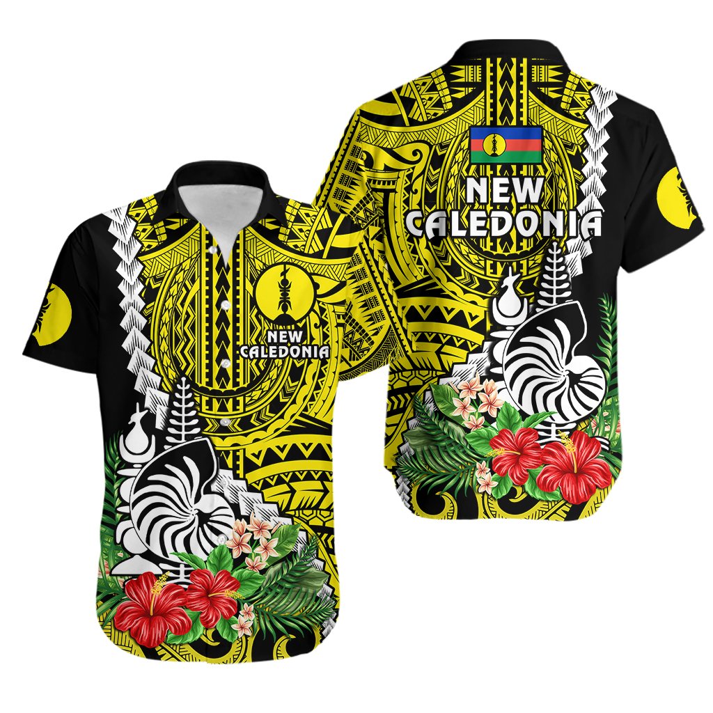 New Caledonia Polynesian Coat Of Arms Mix Tropical Flowers Hawaiian Shirt