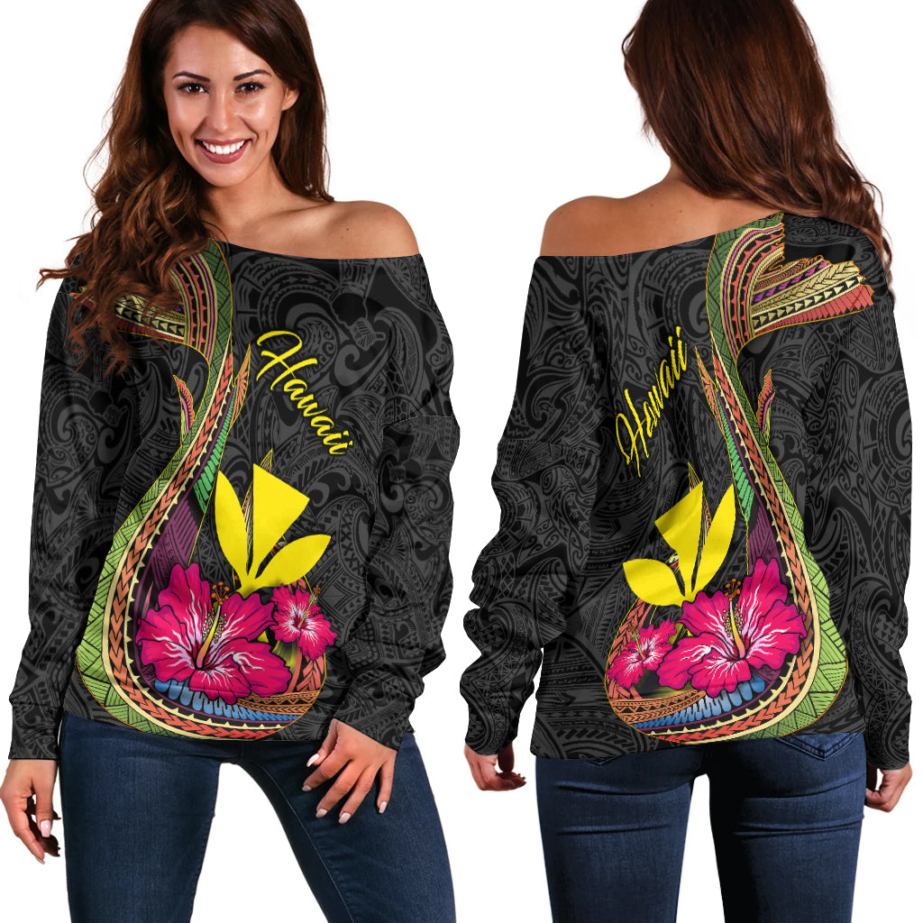 Hawaii Polynesian Fish Hook Hibiscus Women Off Shoulder Sweater