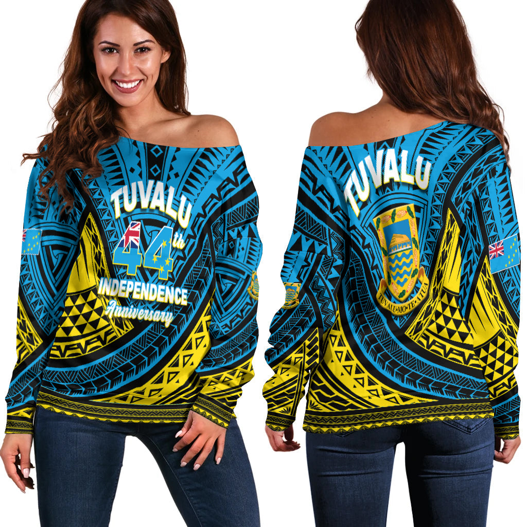 Tuvalu Women Off Shoulder Sweater 44th Independence Anniversary Tribal Pattern