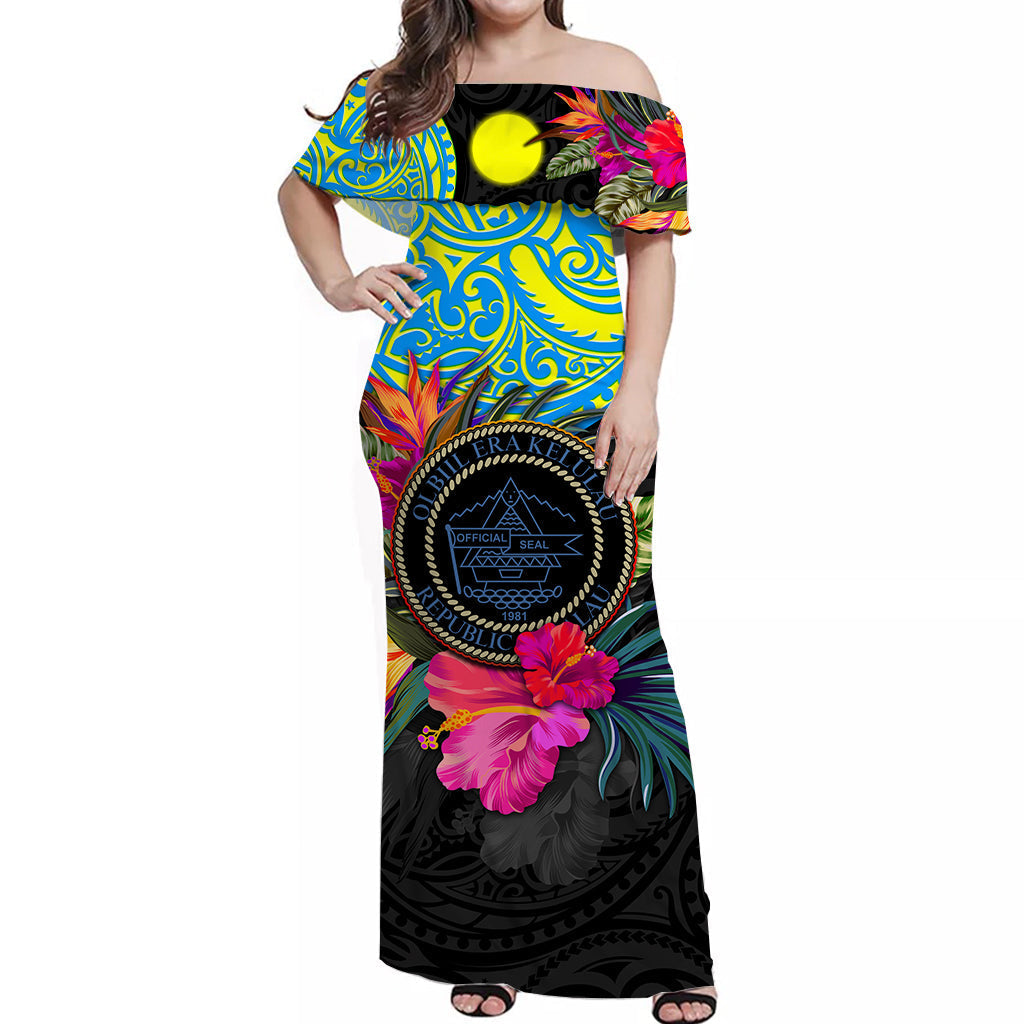 Palau Off Shoulder Long Dress Alluring Polynesia and Tropical Flowers
