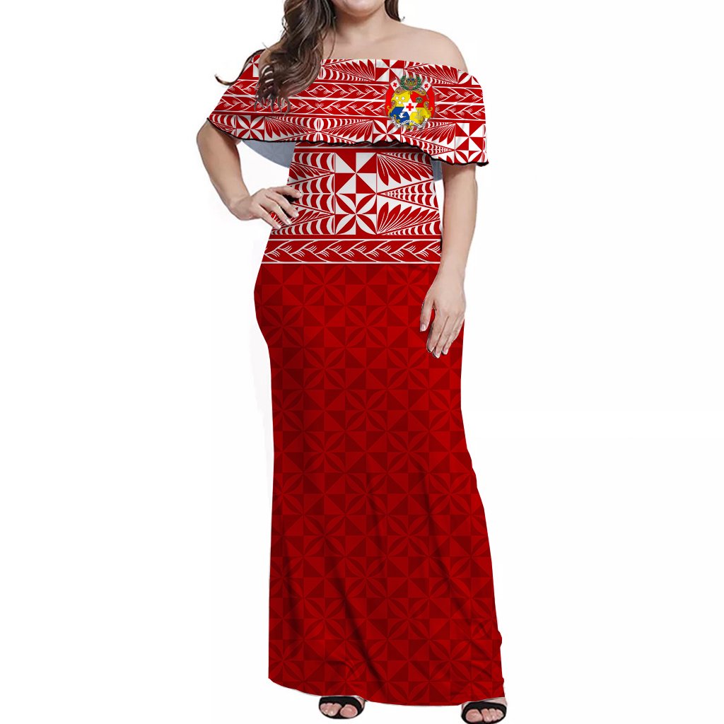 Tonga Off Shoulder Long Dress Tongan Pattern Red Ver1