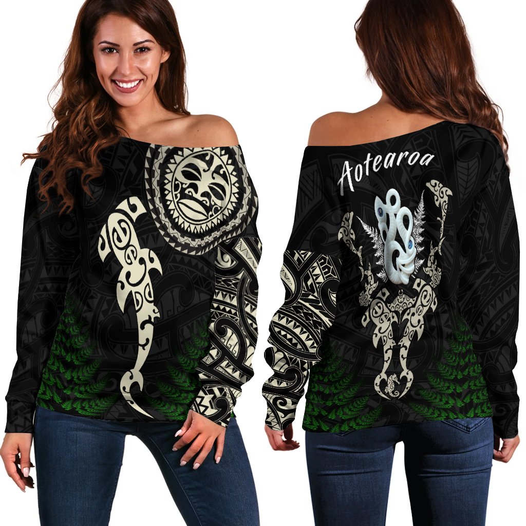 Aotearoa Fern Off Shoulder Sweater Maori Manaia and Fish
