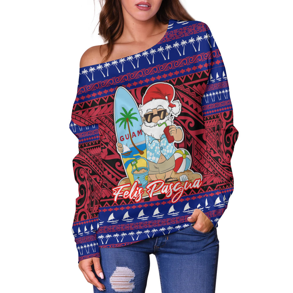 Guam Christmas Felis Pasgua Santas Guam Surf Board Women Off Shoulder Sweater