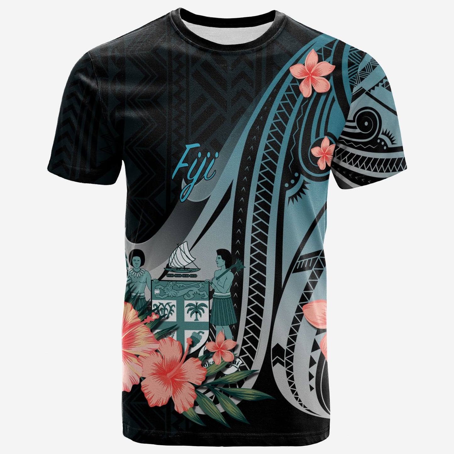 Fiji T Shirt Turquoise Polynesian Hibiscus Pattern Style