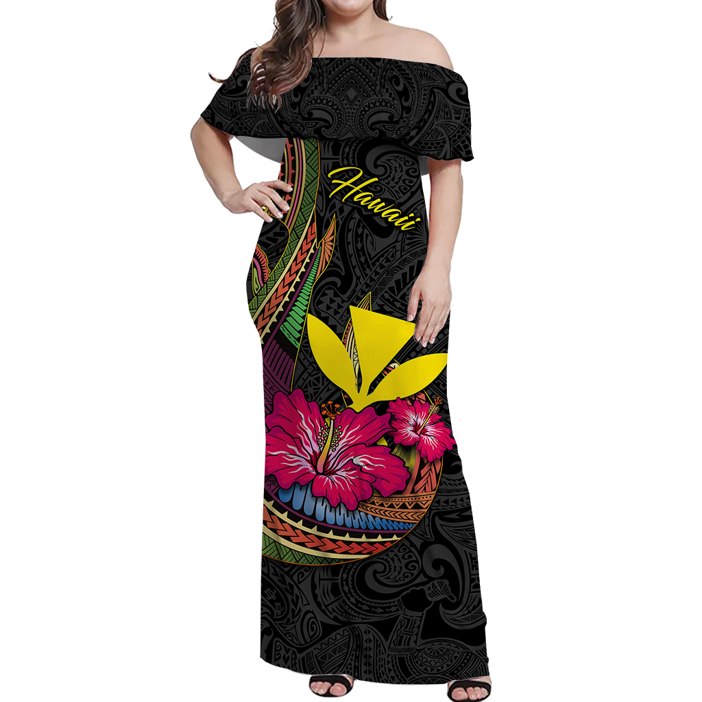 Hawaii Polynesian Fish Hook Hibiscus Women Off Shoulder Dress