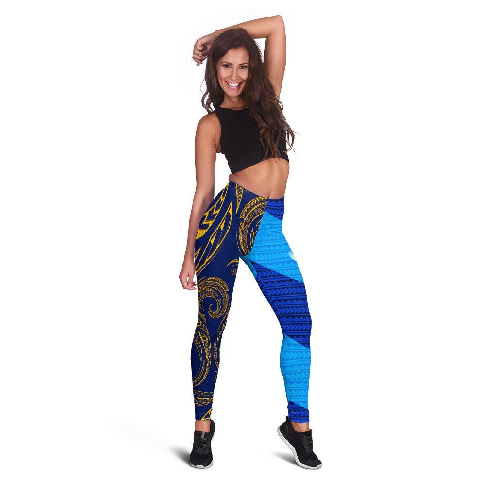 Fiji Leggings - Flag's Color With Gold Polynesian Pattern -