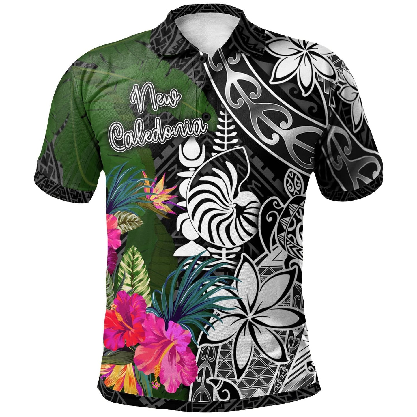 New Caledonia Polo Shirt - Turtle Plumeria Banana Leaf Crest