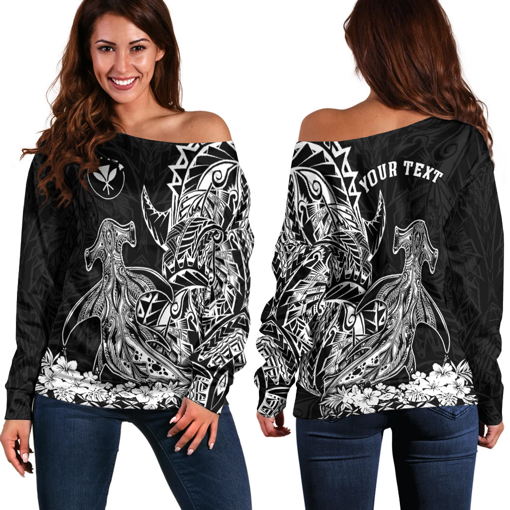 (Custom Personalised) Hawaii Polynesian Off Shoulder Sweater Wild Hammerhead Sharks