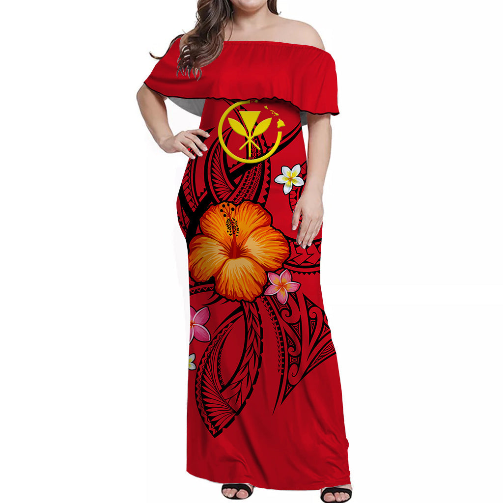 Hawaii Off Shoulder Dress Red Hibiscus