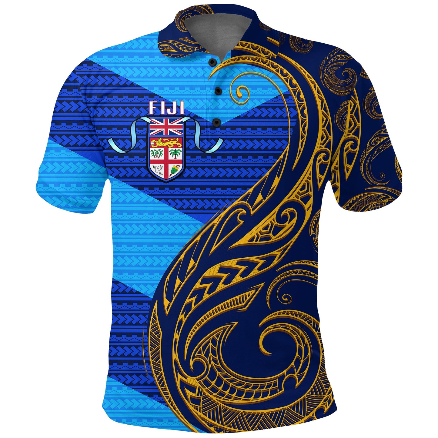 Fiji Polo Shirt - Flag's Color With Gold Polynesian Pattern -
