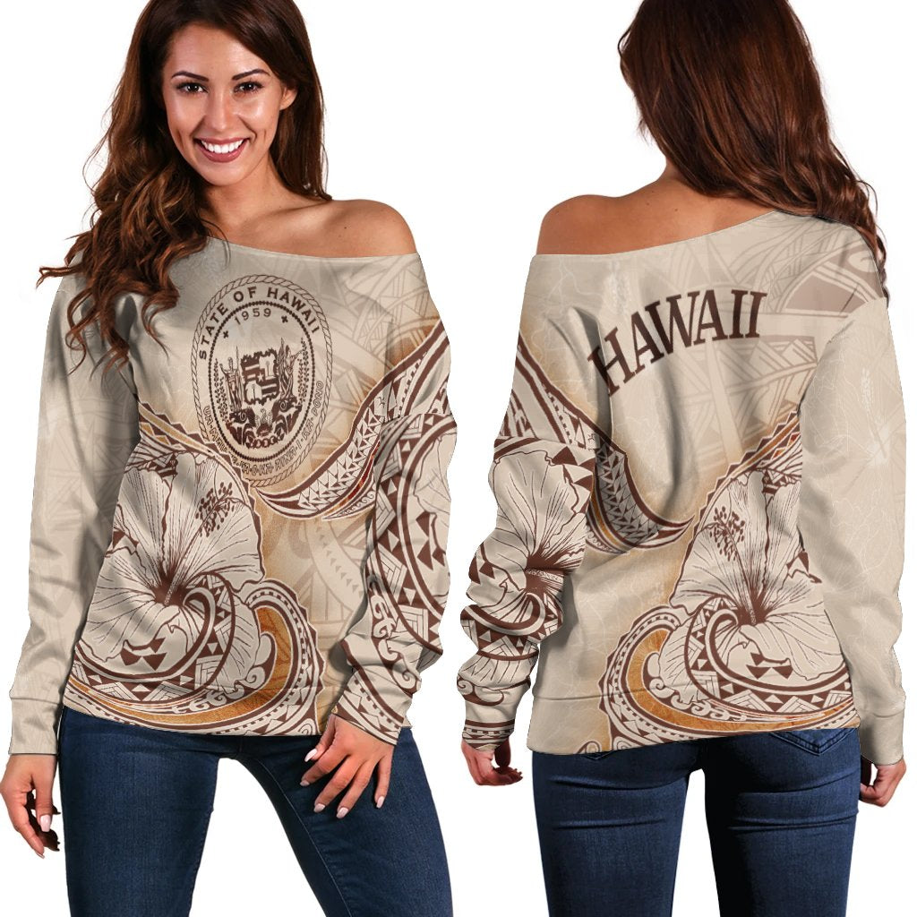 Hawaii Women's Off Shoulder Sweater Hibiscus Flowers Vintage Style