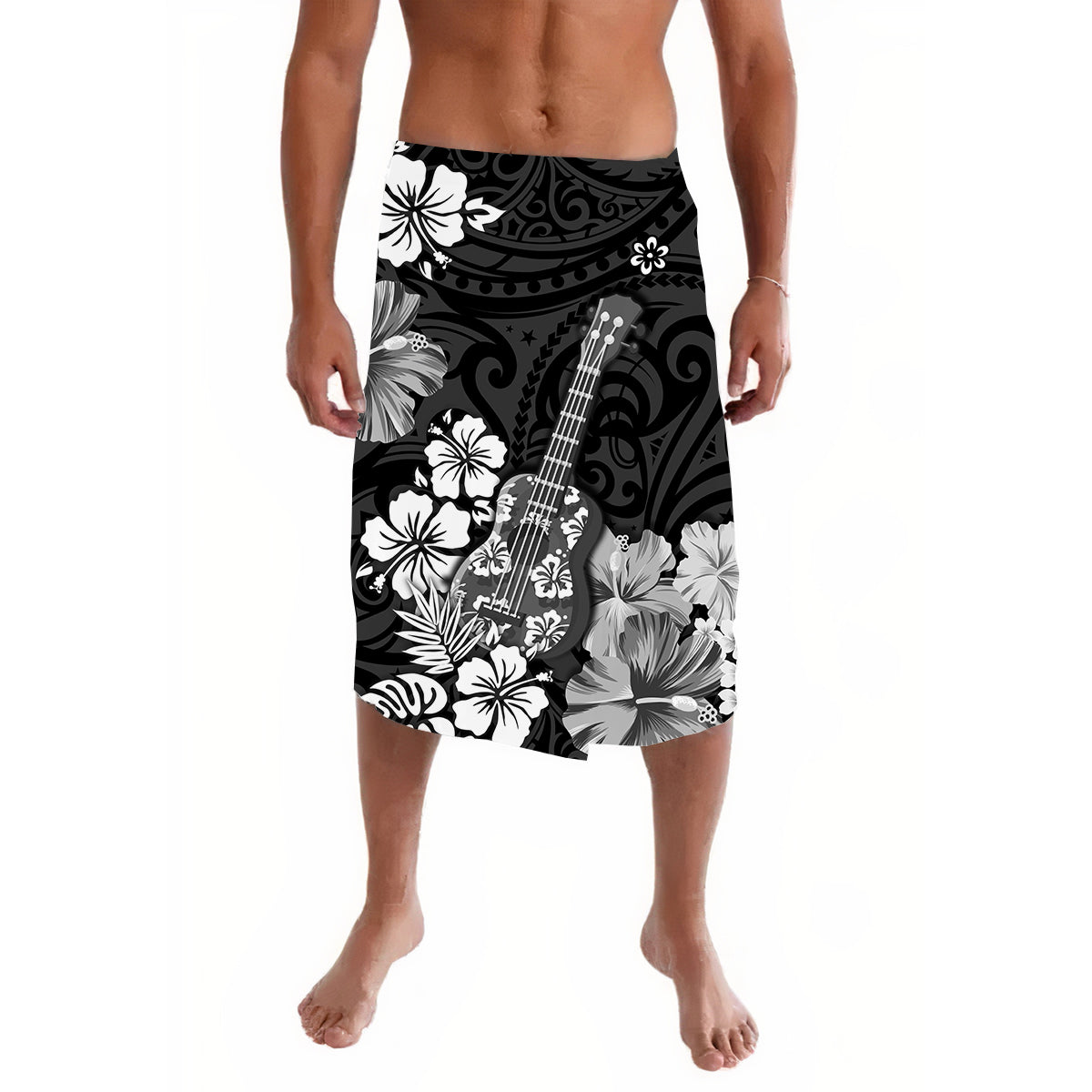 Hawaii Lavalava Polynesia Black Ukulele Flowers