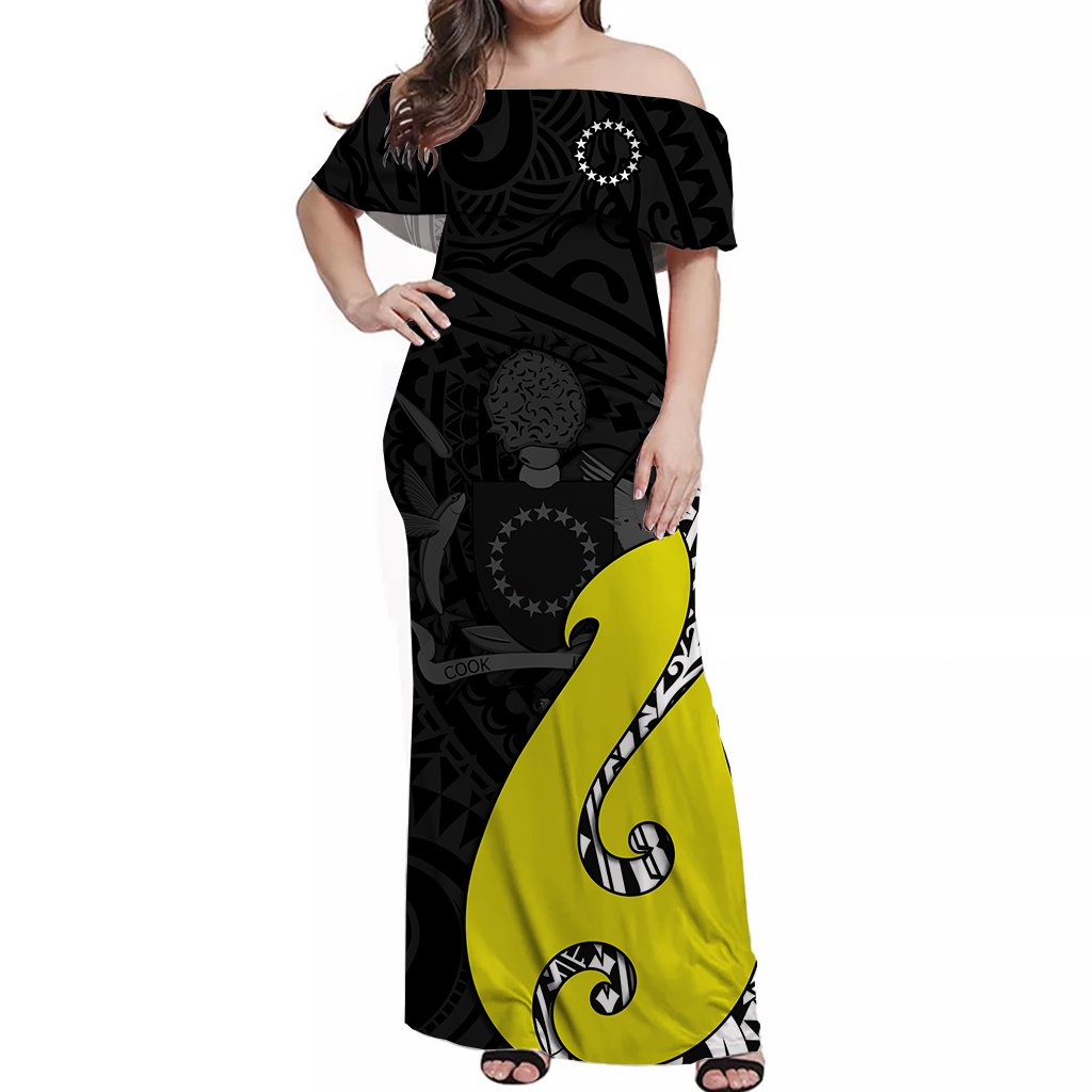 Cook Islands Off Shoulder Long Dress Matau Polynesian Simple Yellow Fish Hook
