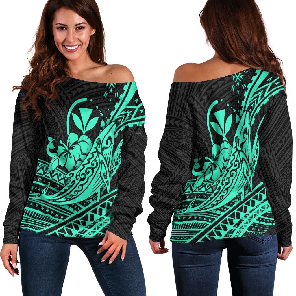 Hawaii Humpback Whale With Hibiscus Tribal Turquoise Women Off Shoulder Sweater