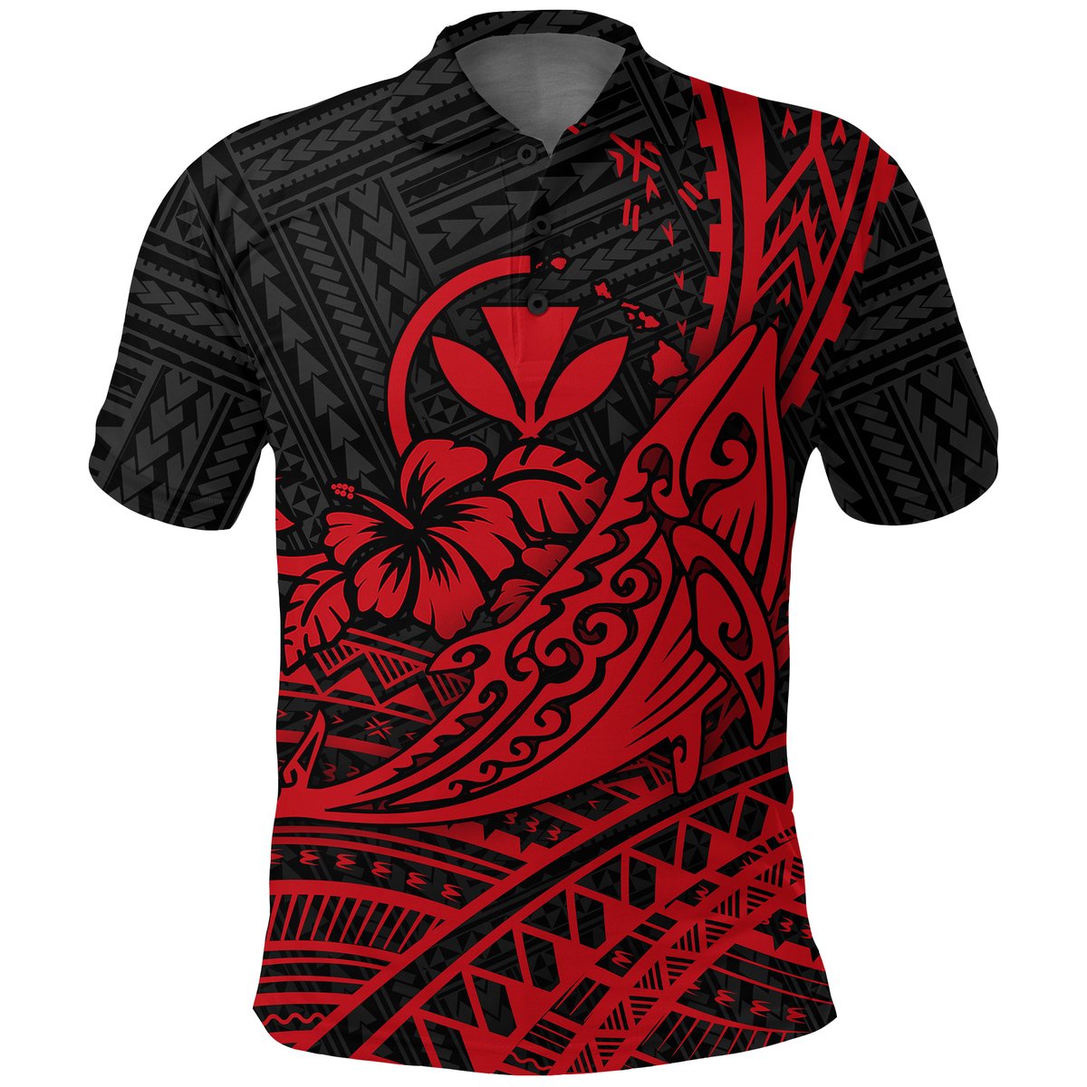 Hawaii Humpback Whale With Hibiscus Tribal Red Polo Shirt -