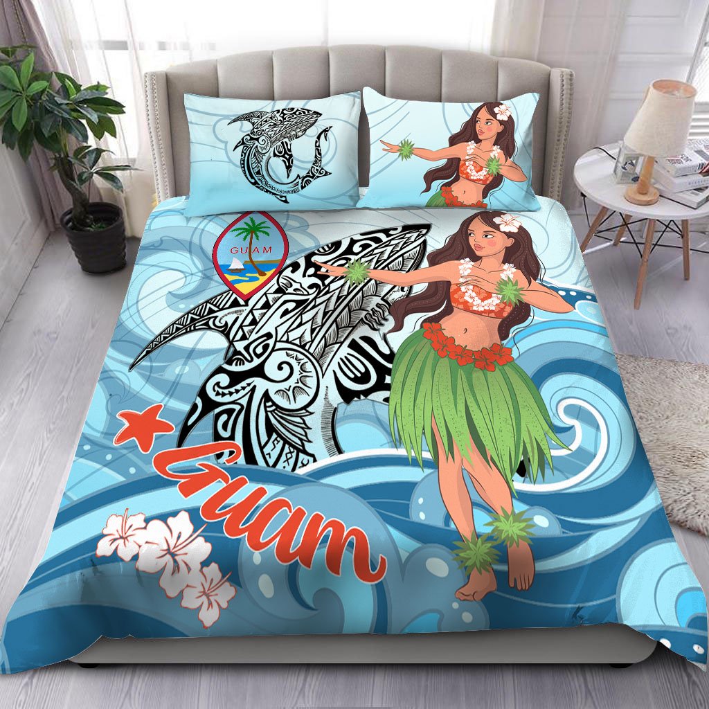 Guam Bedding Set Polynesian Girls With Shark