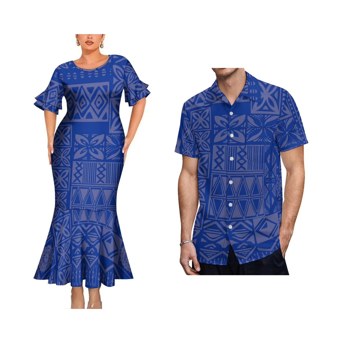 Polynesian Tribal Blue Pattern Matching Outfit For Couple Bodycon Mermaid Dress and Shirt