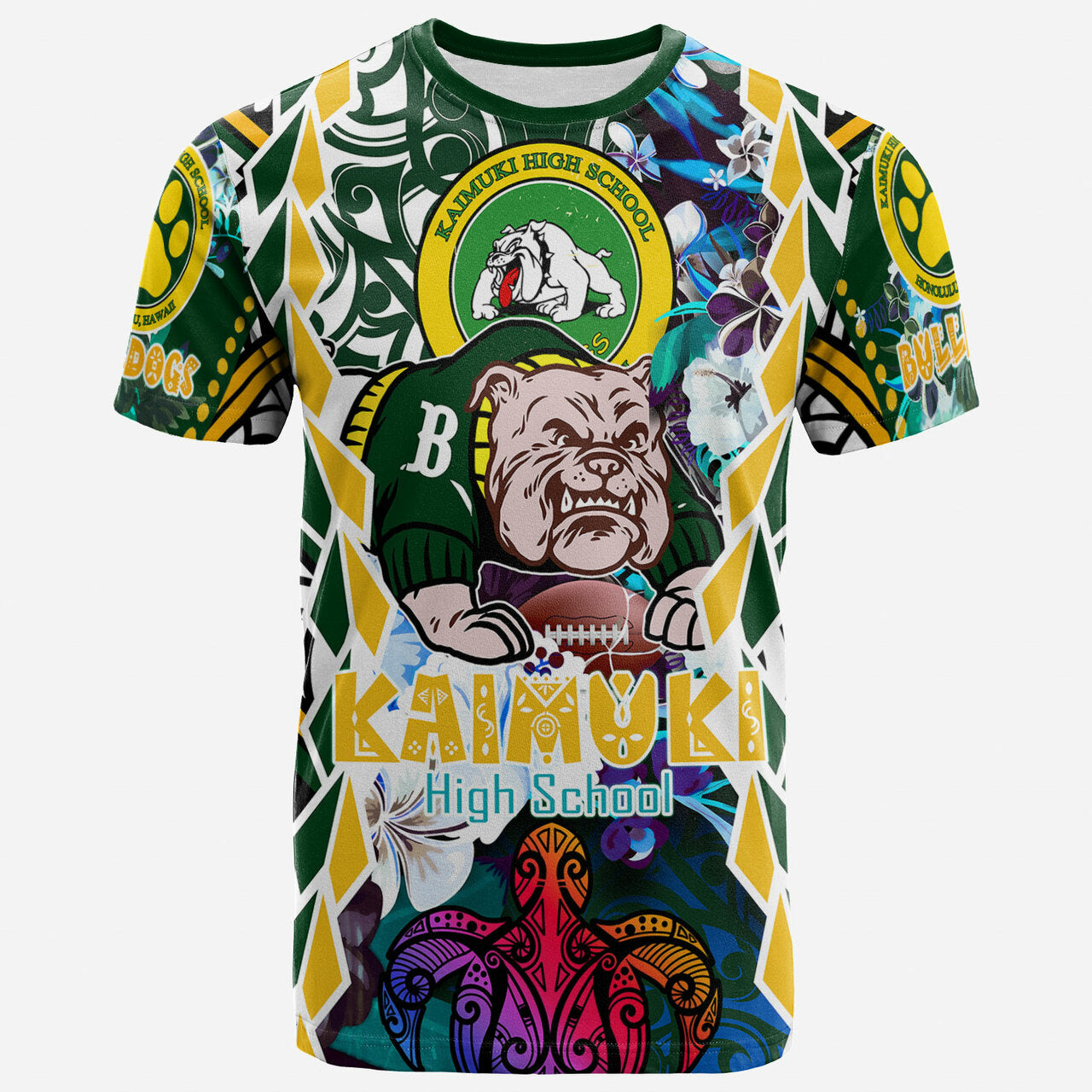 Hawaii T-shirt Kaimuki High School Bulldogs With Hawaiian Sea Turtle And Tribal Patterns