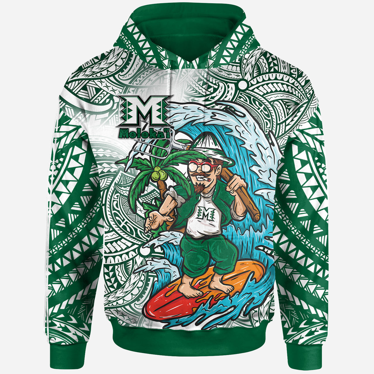 Hawaii Hoodie Moloka'i High School Surfing Farmer With Polynesian Tribal Patterns