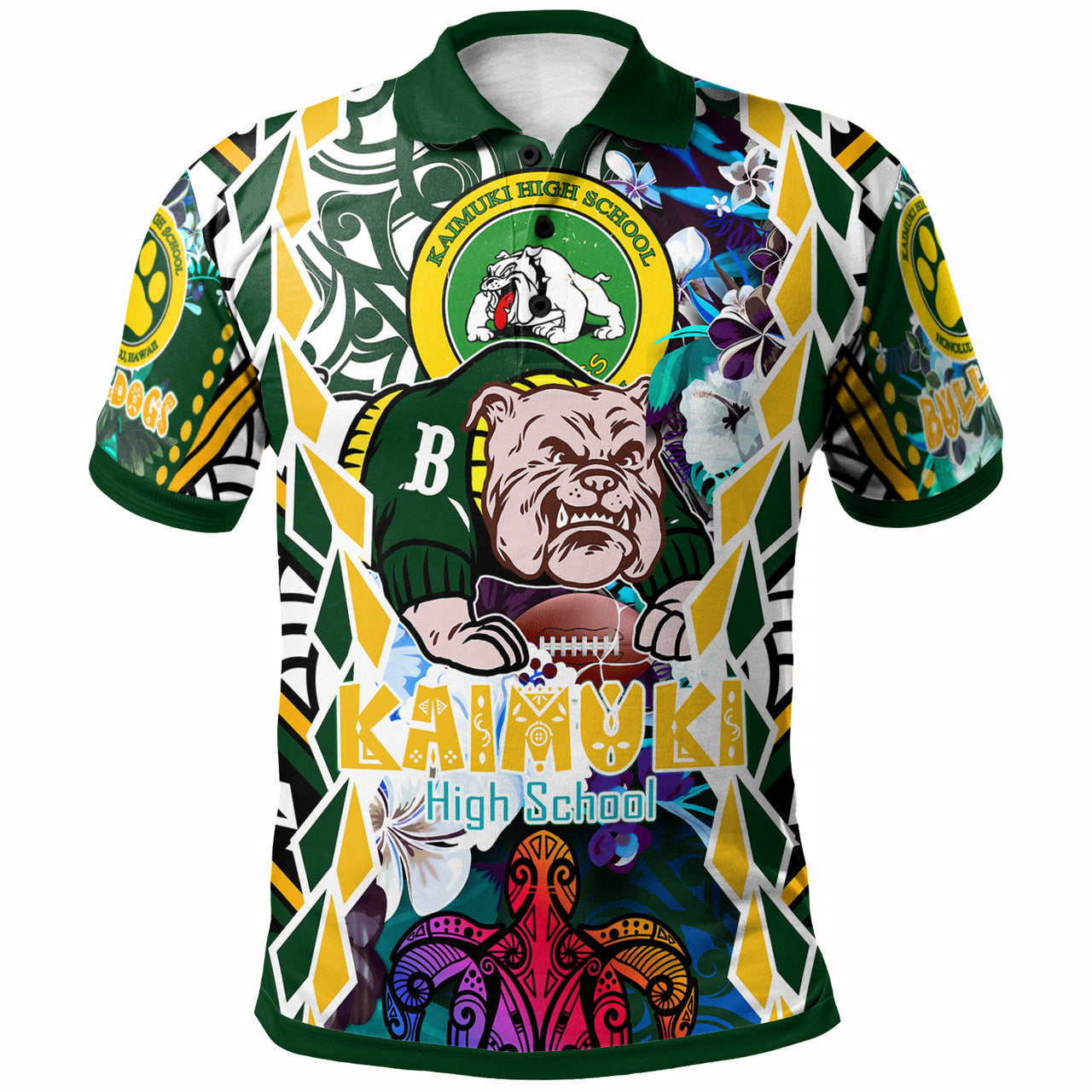 Hawaii Polo Shirt - Kaimuki High School Bulldogs With Hawaiian Sea Turtle And Tribal Patterns